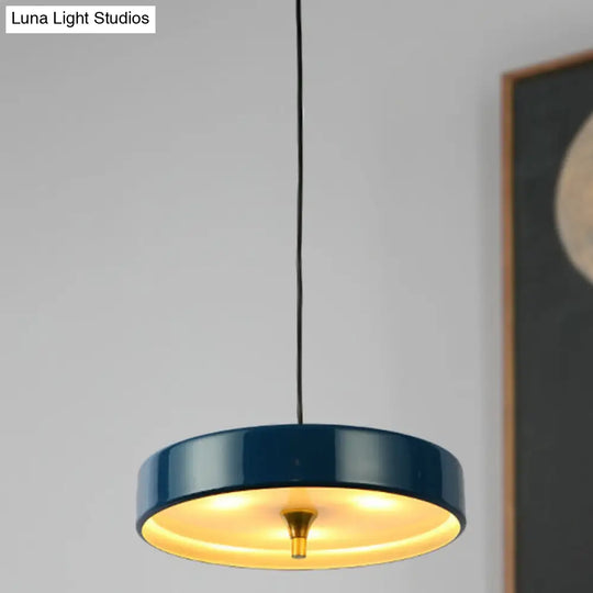 Contemporary Disk Pendant Light - Blue/White/Black Metal Bedroom Hanging Lamp