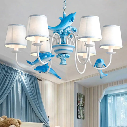 Modern Dolphin Chandelier With Fabric Shade For Dining Room Lighting 6 / Blue