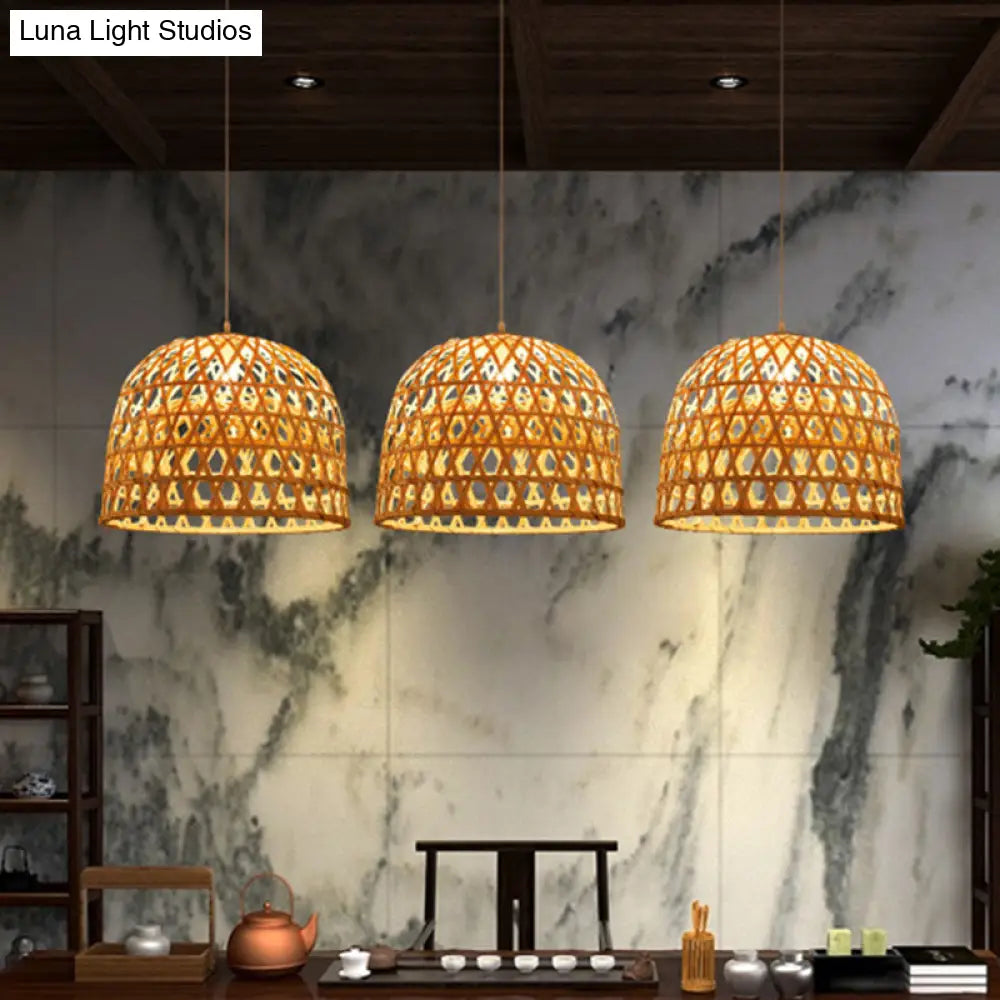 Modern Dome Bamboo Pendant Lighting 1 Light Ceiling Lamp - 14’/19.5’ Diameter Beige Dining Room