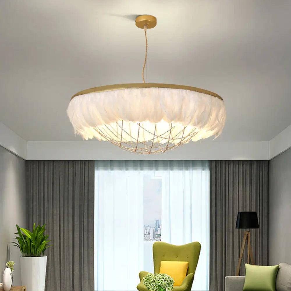 Modern Dome Cage Metallic Chandelier: Gold 2-Bulb Ceiling Lamp With Feather Deco - White Grey Pink