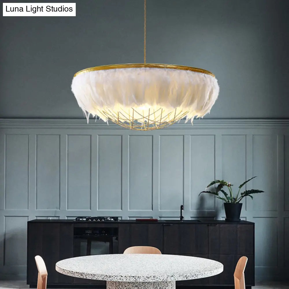 Modern Dome Cage Metallic Chandelier: Gold 2-Bulb Ceiling Lamp With Feather Deco - White Grey Pink