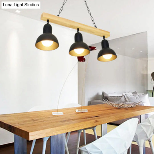 Modern Dome Island Lighting - 2/3 Heads Black/White Metal Pendant Light With Wooden Beam For Kitchen