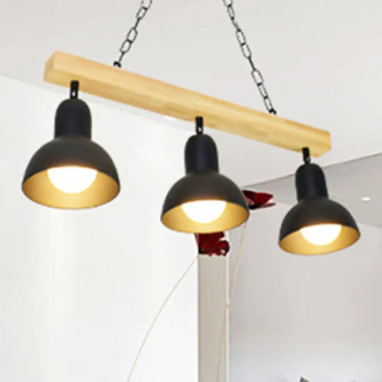 Modern Dome Island Lighting - 2/3 Heads Black/White Metal Pendant Light With Wooden Beam For Kitchen