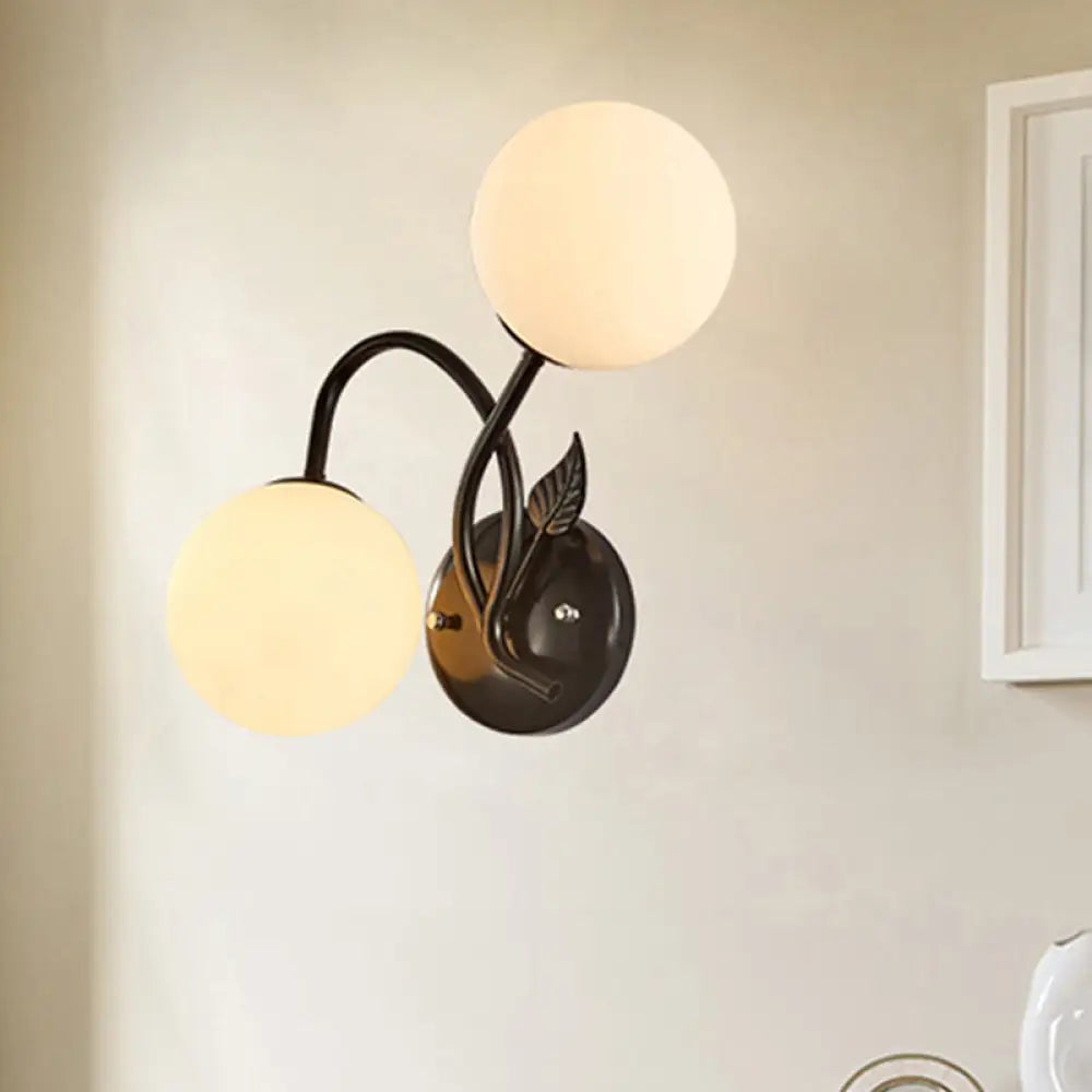 Modern Double Globe Opal Glass Wall Light: 2-Bulb Coffee Shop Sconce In Black/Gold Black