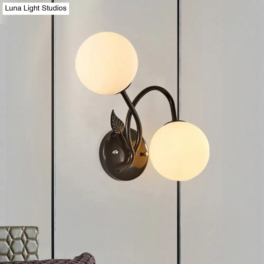 Modern Double Globe Opal Glass Wall Light: 2-Bulb Coffee Shop Sconce In Black/Gold