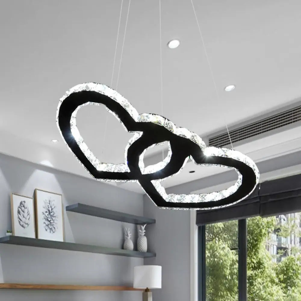 Modern Double Loving Heart Led Pendant Chandelier With Clear Crystal Black Shade And Warm/White