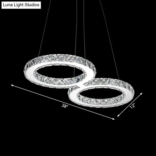 Modern Double Ring Crystal Pendant Light - 2 Heads Silver Led Chandelier Lamp For Dining Room