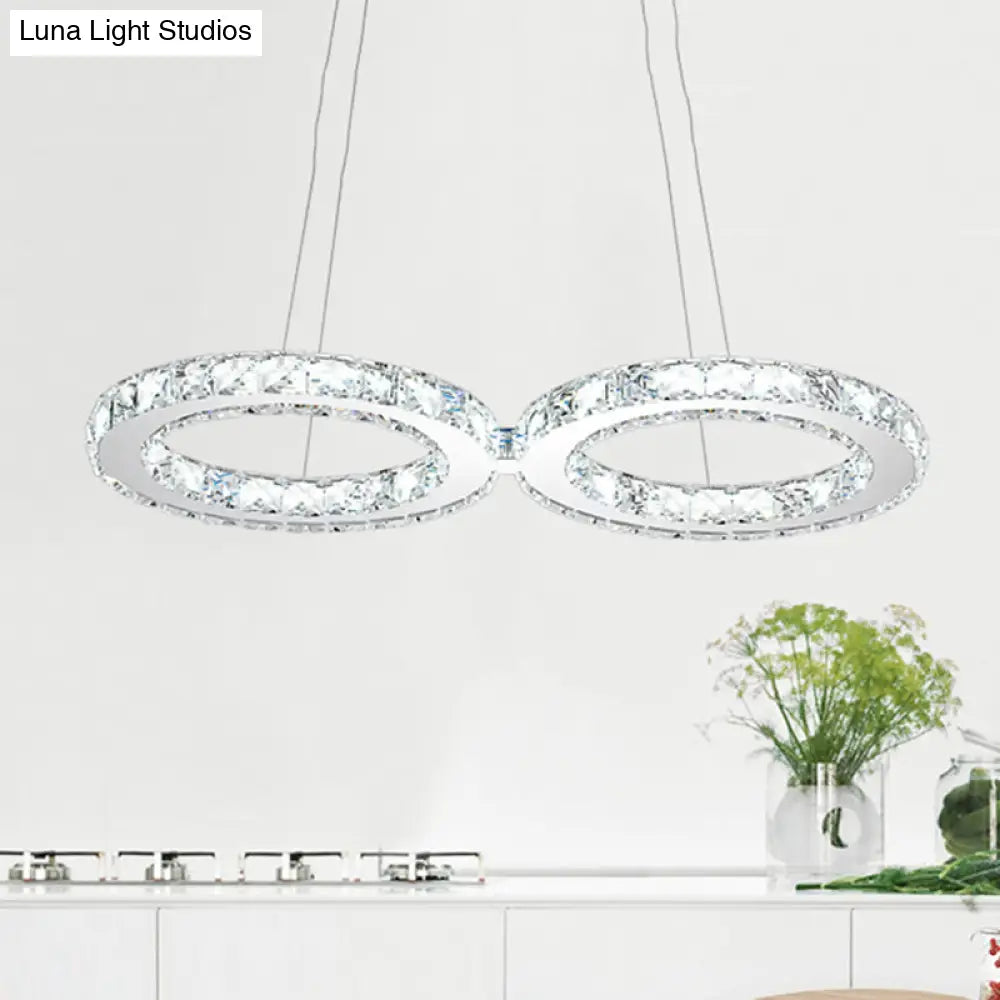 Modern Double Ring Crystal Pendant Light - 2 Heads Silver Led Chandelier Lamp For Dining Room