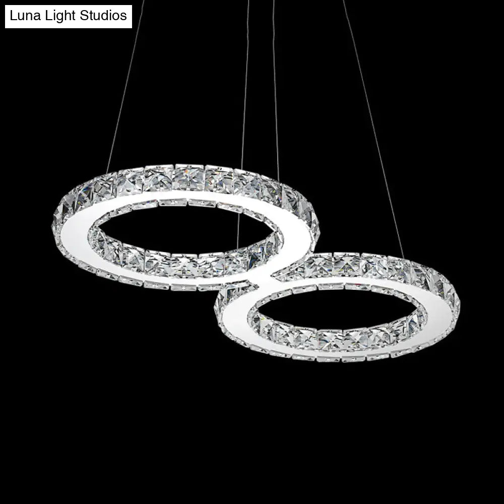 Modern Double Ring Crystal Pendant Light - 2 Heads Silver Led Chandelier Lamp For Dining Room