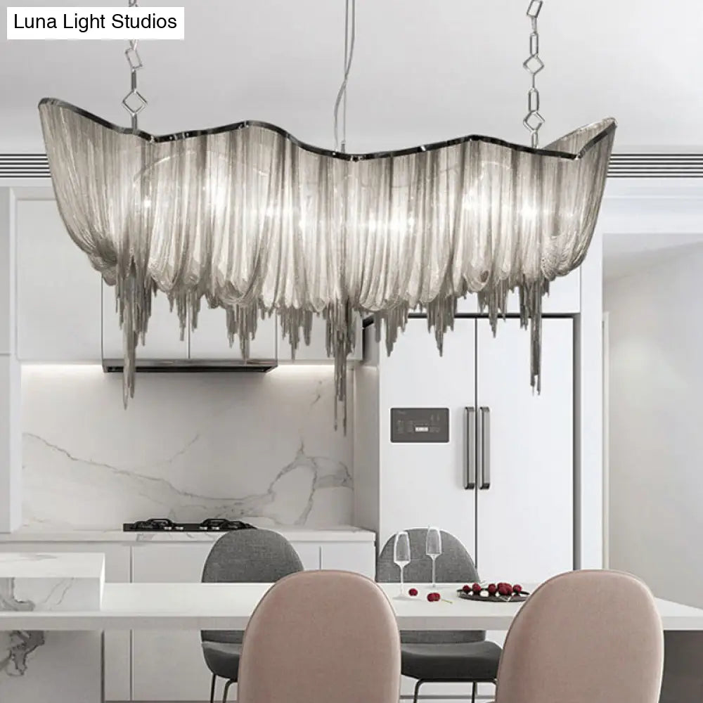 Modern Minimalist Led Chandelier With Aluminum Draped Chains - Perfect For Dining Rooms Silver