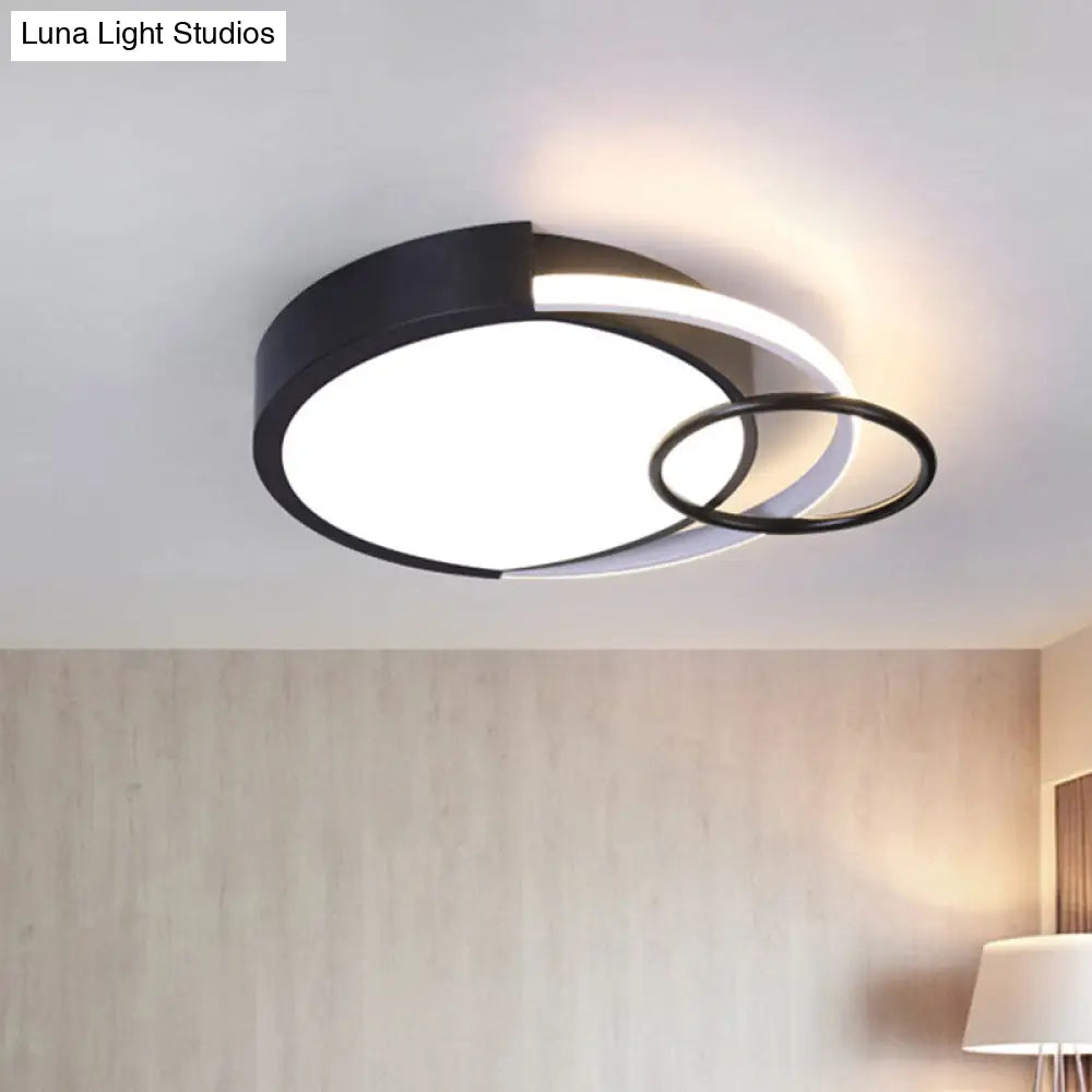 Modern Drum And Ring Metal Flush Mount Ceiling Light Fixture - 19’/23’ W Led Black Warm/White