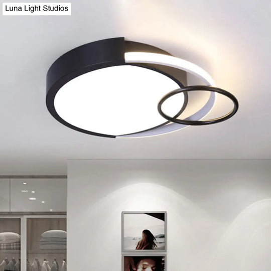 Modern Drum And Ring Metal Flush Mount Ceiling Light Fixture - 19/23 W Led Black Warm/White