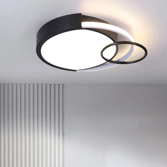 Modern Drum And Ring Metal Flush Mount Ceiling Light Fixture - 19’/23’ W Led Black Warm/White /