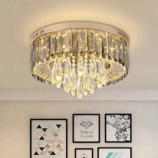 Modern Drum Bedroom Flush Mount Lighting: Smoke Gray Crystal Led Ceiling Lamp