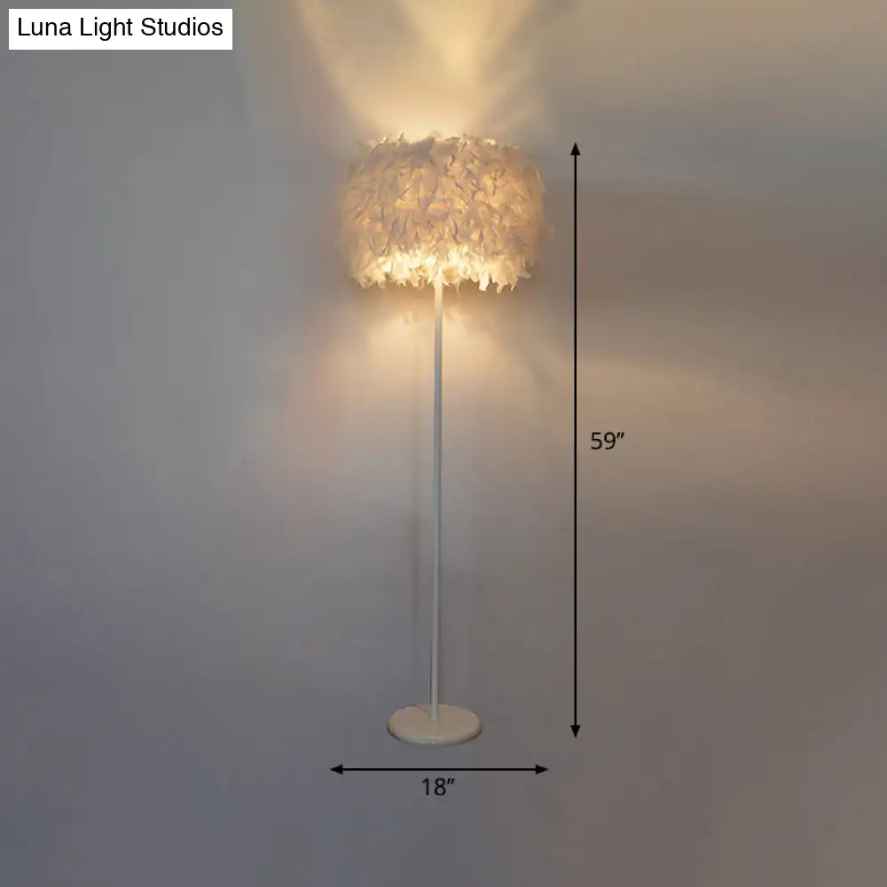 Modern Drum Bedside Floor Lamp - Feather 1-Light White (With/Without Crystal Drop)