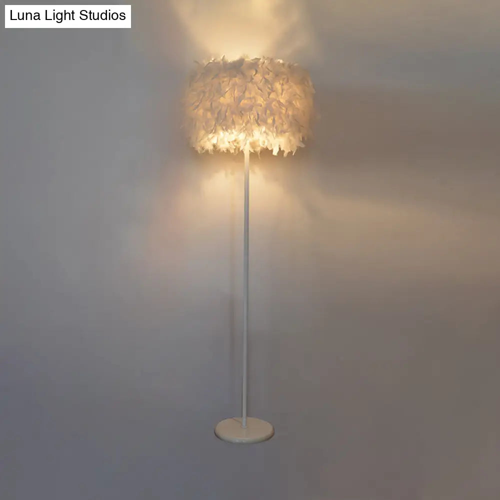 Modern Drum Bedside Floor Lamp - Feather 1-Light White (With/Without Crystal Drop)