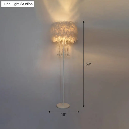 Modern Drum Bedside Floor Lamp - Feather 1-Light White (With/Without Crystal Drop)