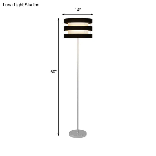 Modern Drum Cage Metal Floor Light - Black Finish 1-Light Reading Lamp With Fabric Shade