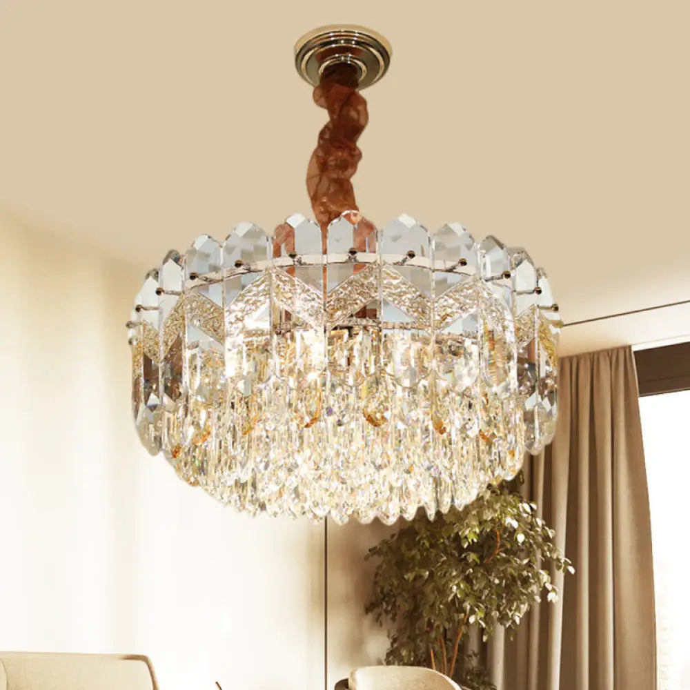 Modern Drum Ceiling Chandelier With Clear Crystal Draping - 9 Bulbs Champagne/Smoke Gray Finish