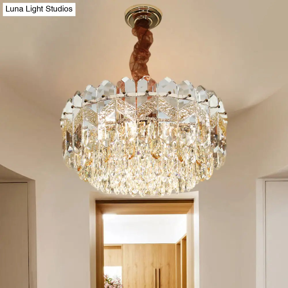 Clear Crystal Draping Ceiling Chandelier - Modern Champagne/Smoke Gray Finish 9-Bulb Drum Pendant