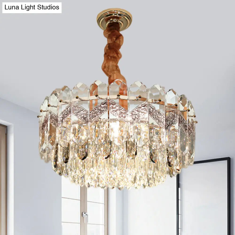 Clear Crystal Draping Ceiling Chandelier - Modern Champagne/Smoke Gray Finish 9-Bulb Drum Pendant