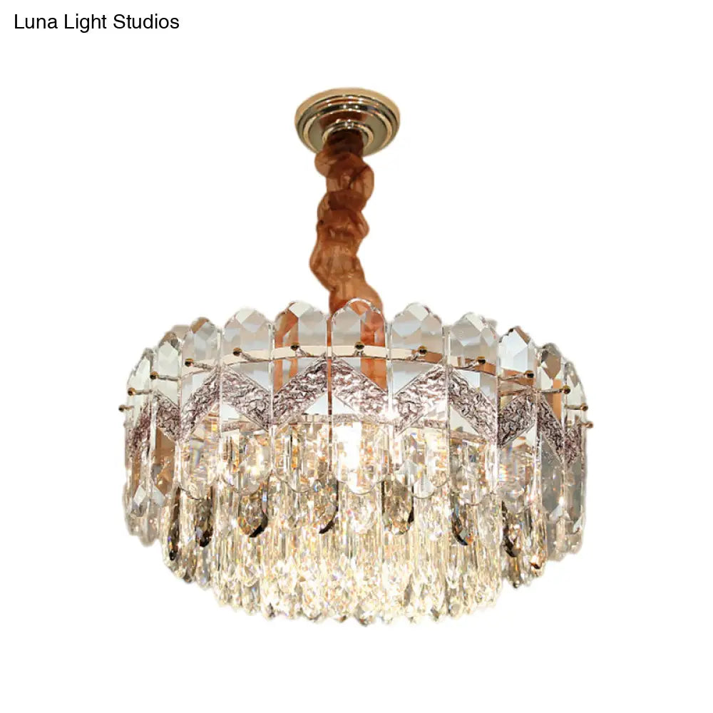 Modern Drum Ceiling Chandelier With Clear Crystal Draping - 9 Bulbs Champagne/Smoke Gray Finish