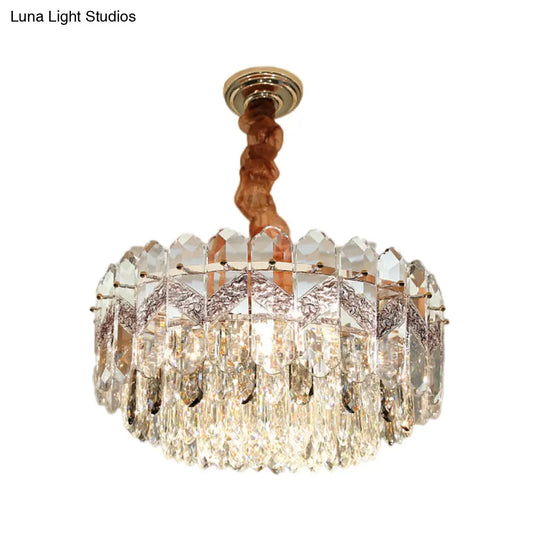 Modern Drum Ceiling Chandelier With Clear Crystal Draping - 9 Bulbs Champagne/Smoke Gray Finish