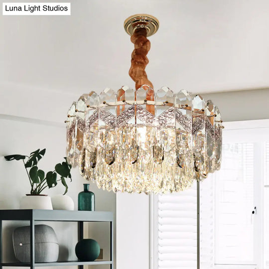 Clear Crystal Draping Ceiling Chandelier - Modern Champagne/Smoke Gray Finish 9-Bulb Drum Pendant