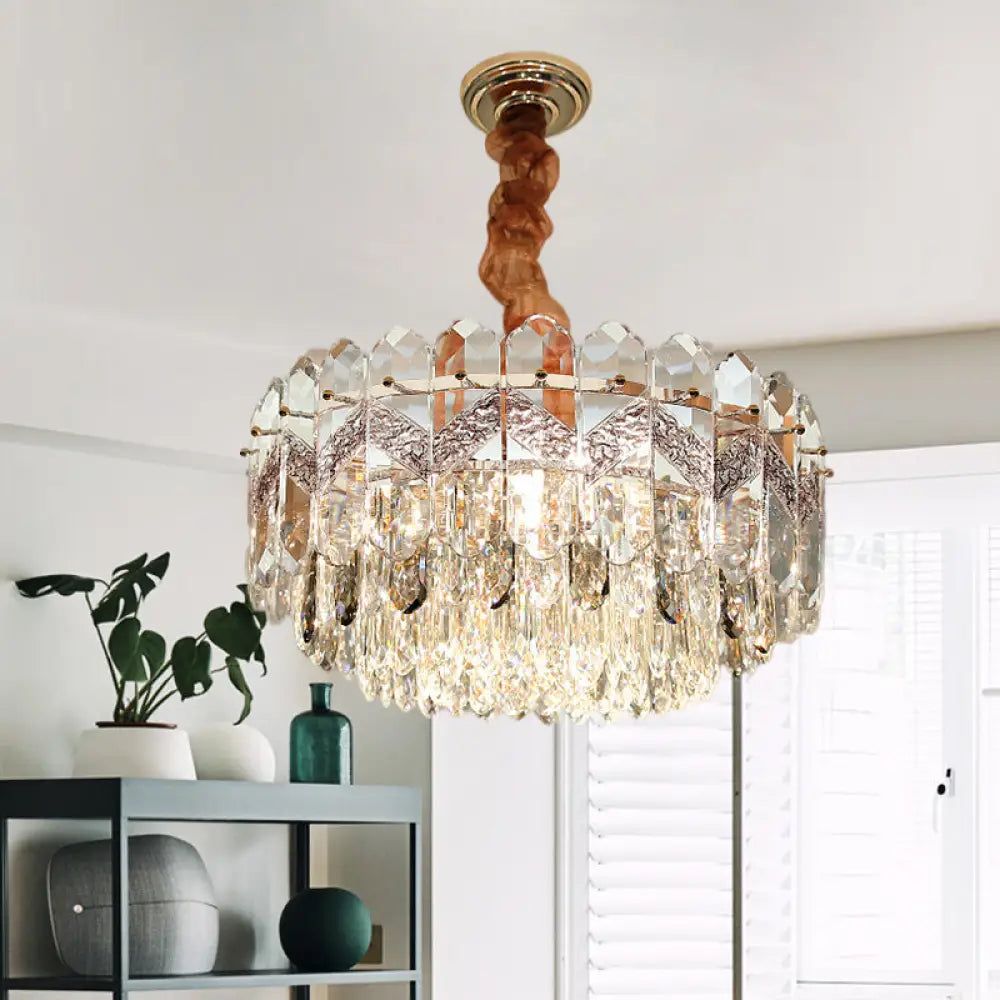 Modern Drum Ceiling Chandelier With Clear Crystal Draping - 9 Bulbs Champagne/Smoke Gray Finish