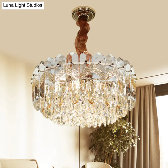 Clear Crystal Draping Ceiling Chandelier - Modern Champagne/Smoke Gray Finish 9-Bulb Drum Pendant