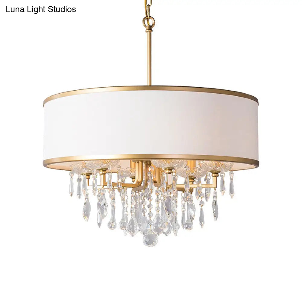 Modern Drum Ceiling Chandelier: Fabric Shade 6 Bulb Brass Pendant Light With Crystal Droplet