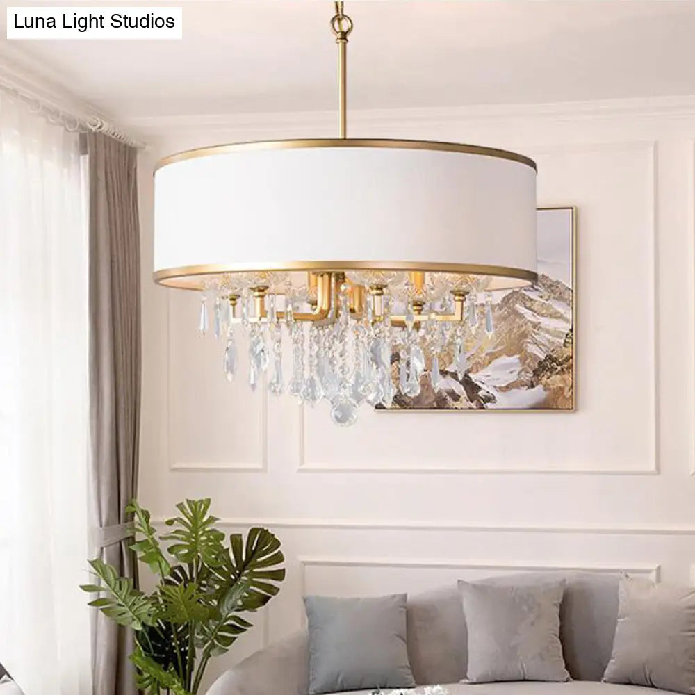 Modern Drum Ceiling Chandelier: Fabric Shade 6 Bulb Brass Pendant Light With Crystal Droplet