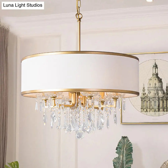 Modern Drum Ceiling Chandelier: Fabric Shade 6 Bulb Brass Pendant Light With Crystal Droplet