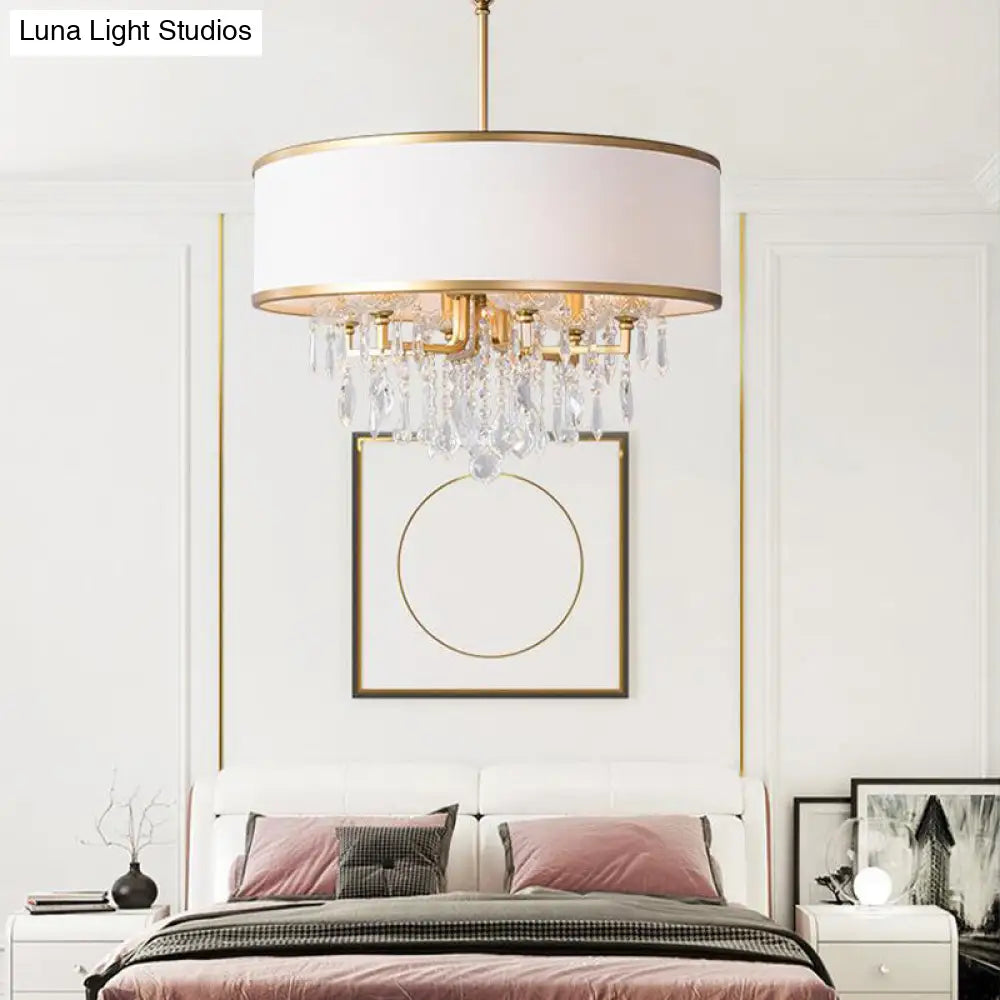 Modern Drum Ceiling Chandelier: Fabric Shade 6 Bulb Brass Pendant Light With Crystal Droplet