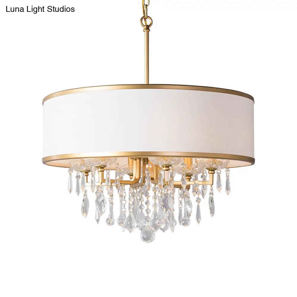 Modern Drum Ceiling Chandelier With Crystal Droplet - Brass Hanging Pendant Light (6 Bulbs)