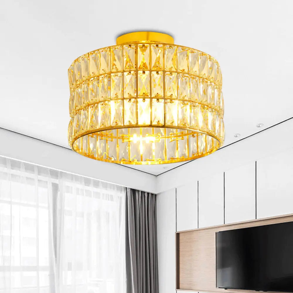 Modern Drum Ceiling Light With Beveled Crystal Inserts - Flush Mount Fixture In Gold