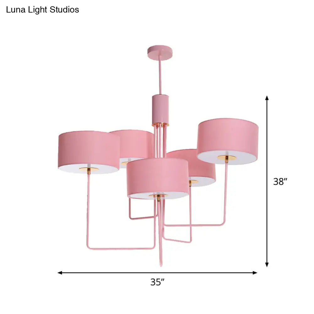 Modern Drum Chandelier In Pink Fabric With 5 Bulbs - Perfect Living Room Hanging Lamp