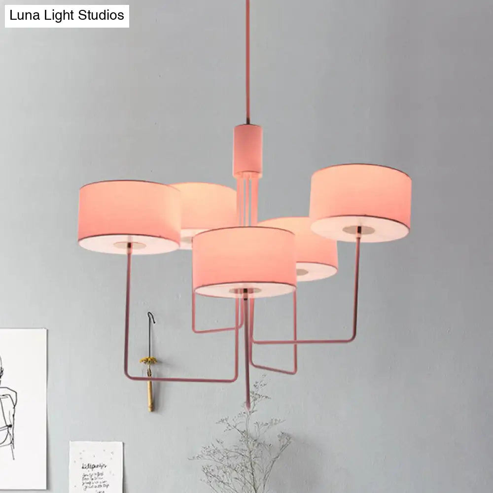 Modern Pink Drum Chandelier With Fabric Shade - 5-Bulb Hanging Lamp Kit For Living Room Lighting