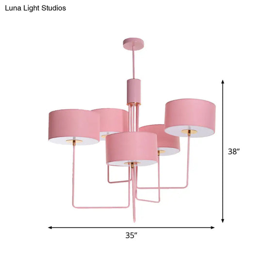 Modern Pink Drum Chandelier With Fabric Shade - 5-Bulb Hanging Lamp Kit For Living Room Lighting