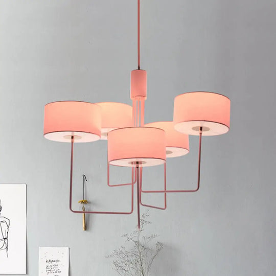 Modern Drum Chandelier In Pink Fabric With 5 Bulbs - Perfect Living Room Hanging Lamp