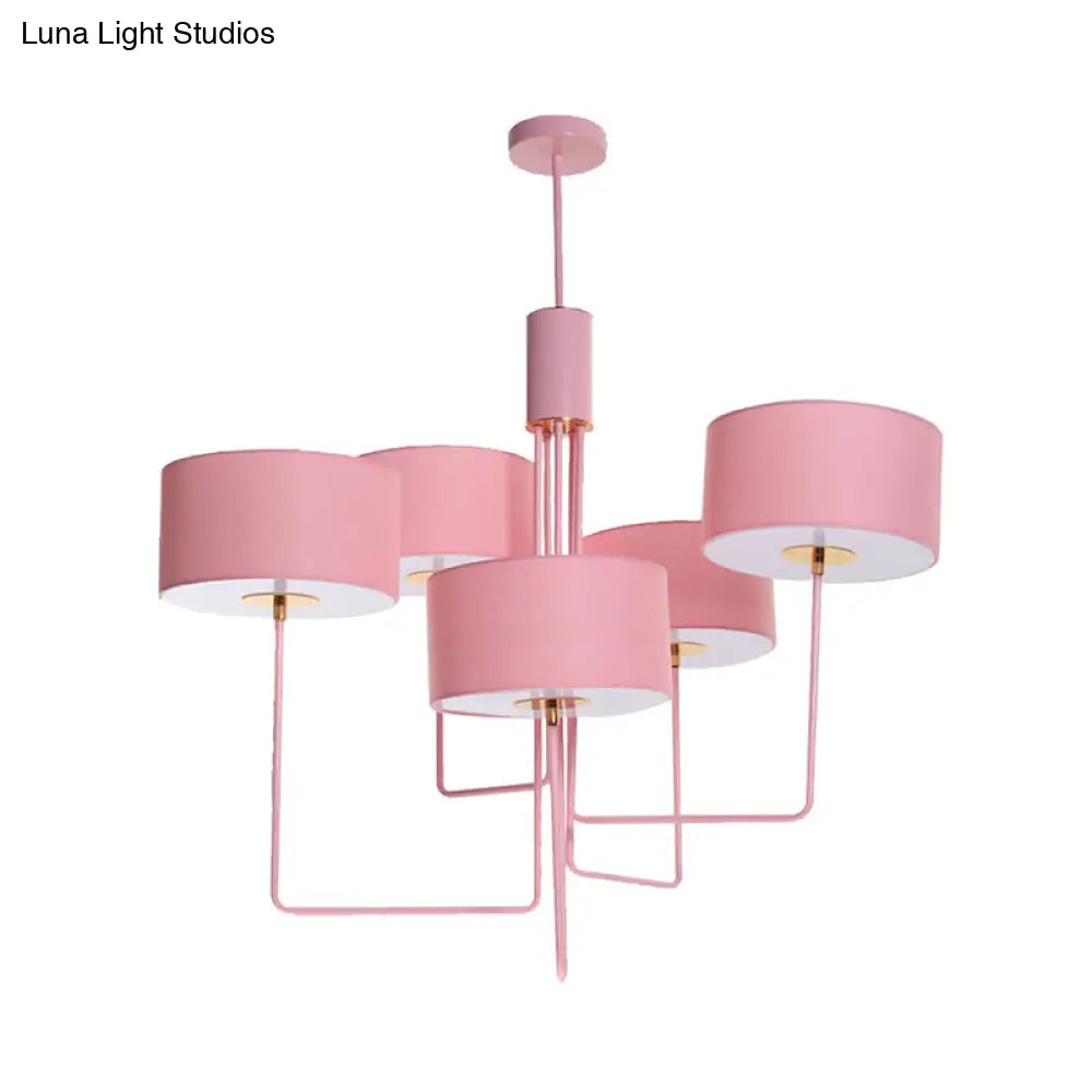 Modern Drum Chandelier In Pink Fabric With 5 Bulbs - Perfect Living Room Hanging Lamp