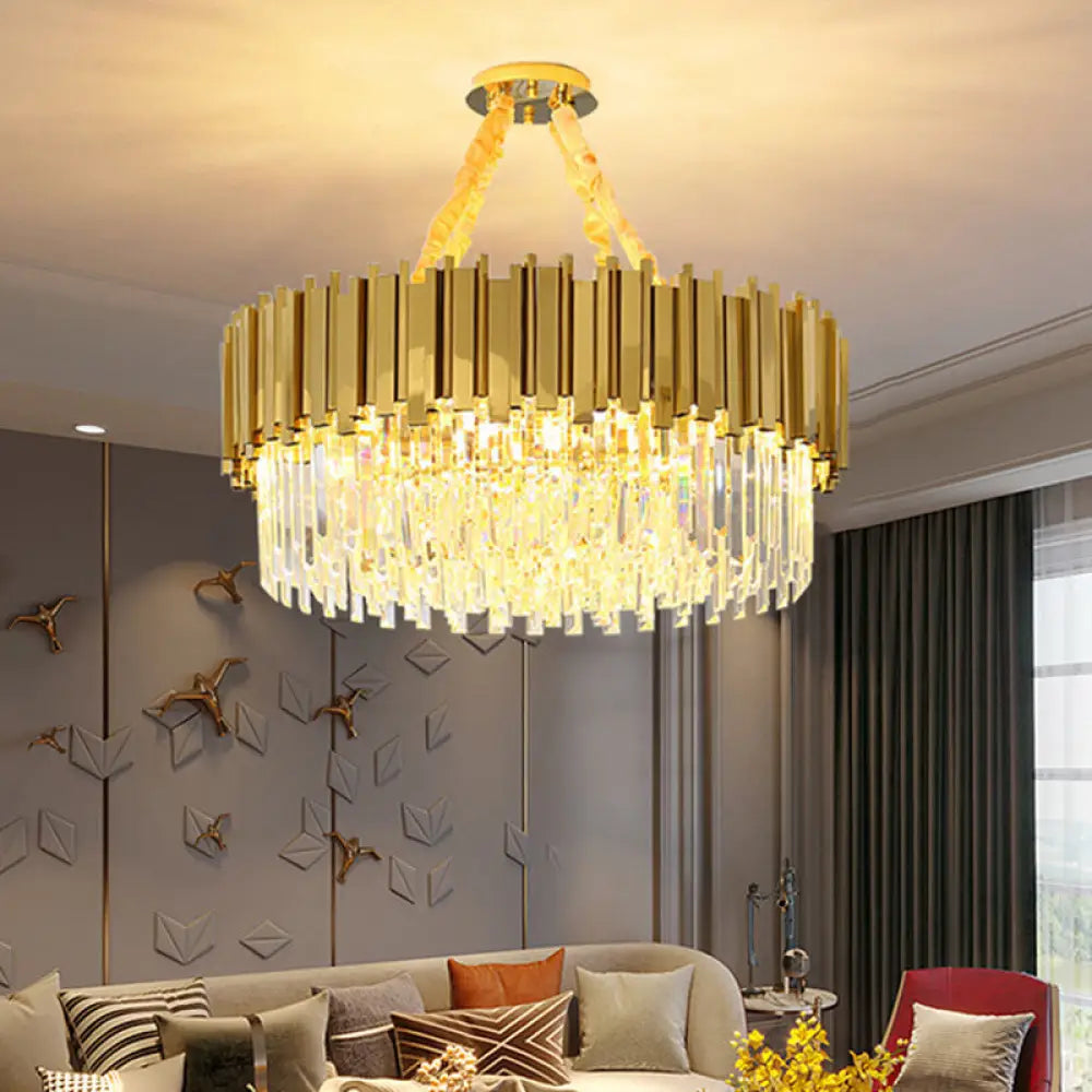 Modern Drum Chandelier Pendant Light With Crystal Tri-Prism Design - Gold / 1 Tier 15.5’