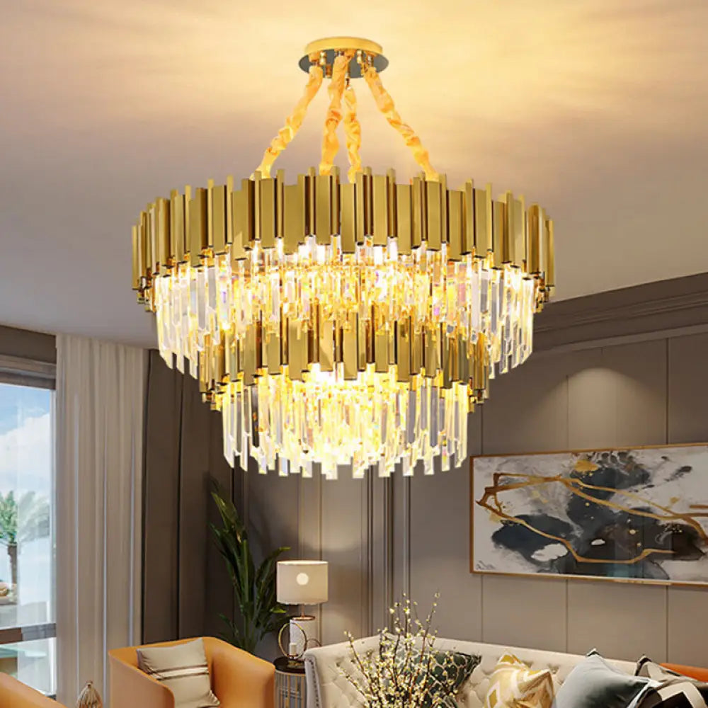 Modern Drum Chandelier Pendant Light With Crystal Tri-Prism Design - Gold / 2 Tiers 29.5’