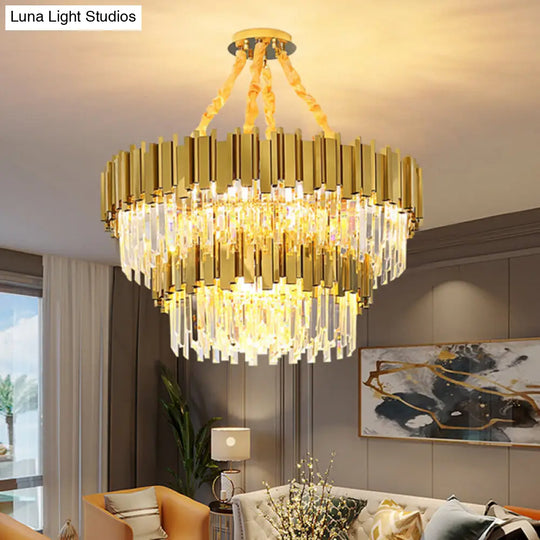 Modern Gold Drum Chandelier Pendant Light With Crystal Tri-Prism Design - Ideal For Living Room