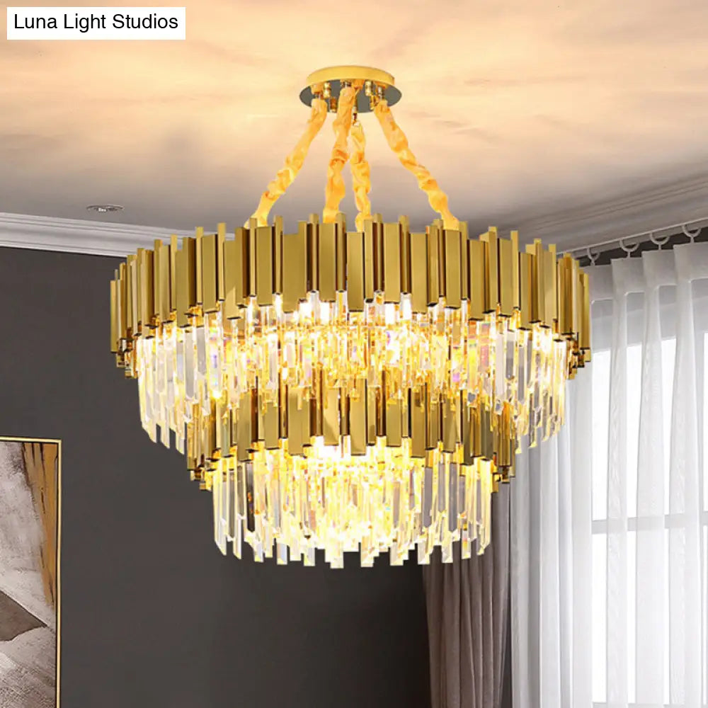 Modern Drum Chandelier Pendant Light With Crystal Tri-Prism Design - Gold