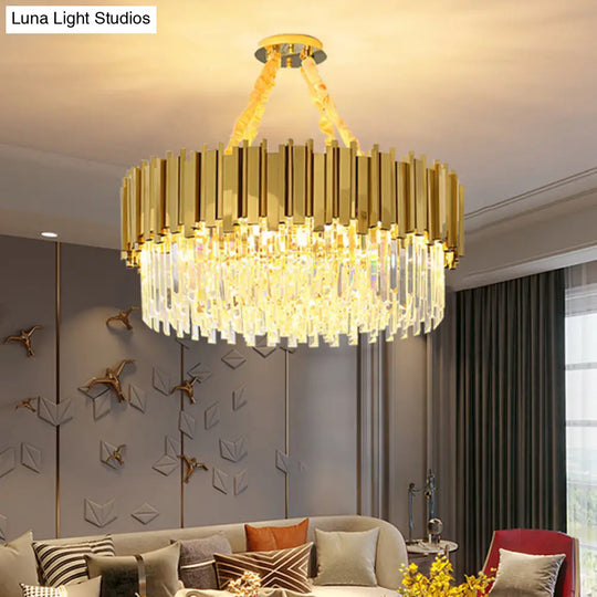 Modern Gold Drum Chandelier Pendant Light With Crystal Tri-Prism Design - Ideal For Living Room