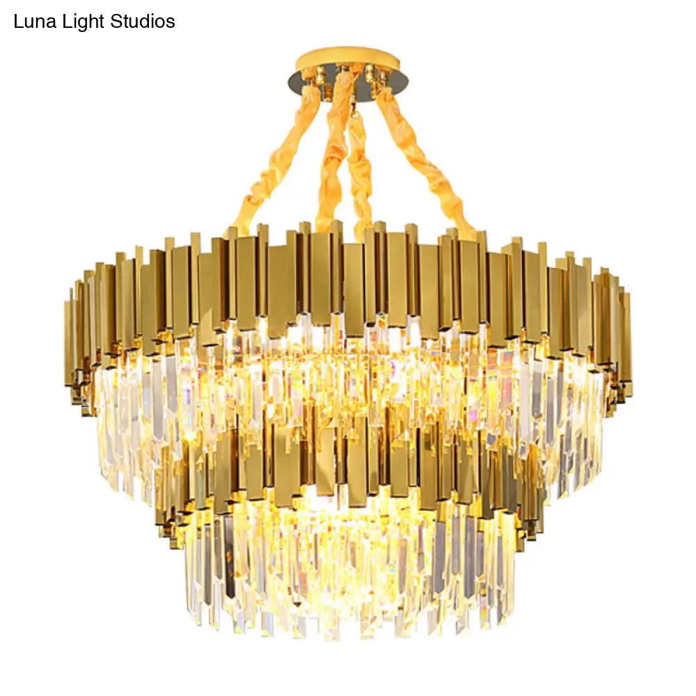 Modern Drum Chandelier Pendant Light With Crystal Tri-Prism Design - Gold