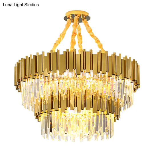 Modern Drum Chandelier Pendant Light With Crystal Tri-Prism Design - Gold