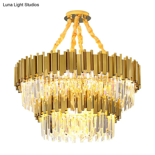 Modern Gold Drum Chandelier Pendant Light With Crystal Tri-Prism Design - Ideal For Living Room