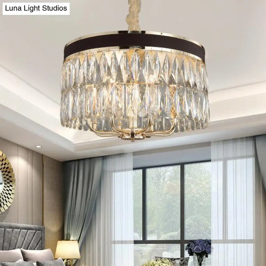 Modern Drum Chandelier With Faceted Crystal 8 Bulbs Black-Gold Pendant Light Fixture